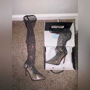 Fashion Nova Black Rhinestone Mesh Over-the-Knee Stiletto Boots